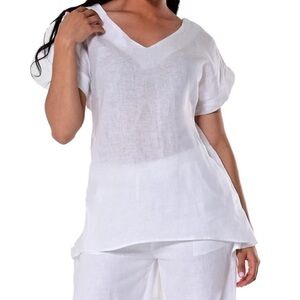 🌸3 for $20🌸 Azucar 100% Linen Short Sleeve Tunic Top Women’s S/M White Resort